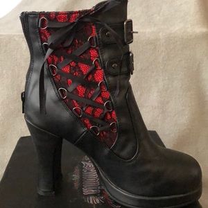 Black and red lace vegan leather ankle boot